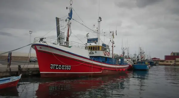 El barco museo de Burela, el "Reina del Carmen", luce su rojo y blanco vibrantes junto a otros pesqueros en un día nublado.
