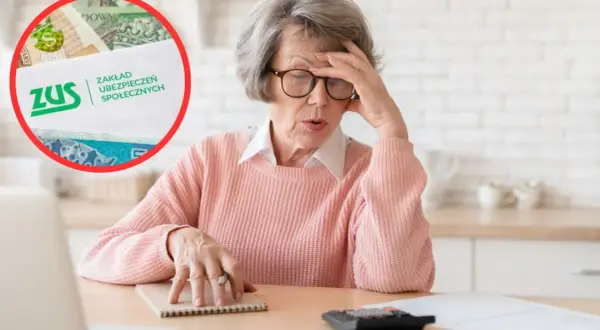 Zmartwiona starsza kobieta z notatnikiem i kalkulatorem przygląda się dokumentom ZUS, martwiąc się o świadczenia.