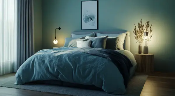 Gemütliches Schlafzimmer mit einer warmen Farbpalette aus Blau- und Grüntönen. Ein großes Bett mit vielen Kissen lädt zum Entspannen ein.