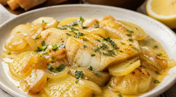Merluza al horno con patatas, cebolla y perejil, servida en un plato blanco. Un plato casero y delicioso.