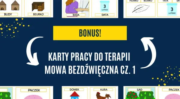 Karty pracy do terapii mowa bezdźwięczna: budy, biurko, piórko, tata, pączek, domek, kura, sad.