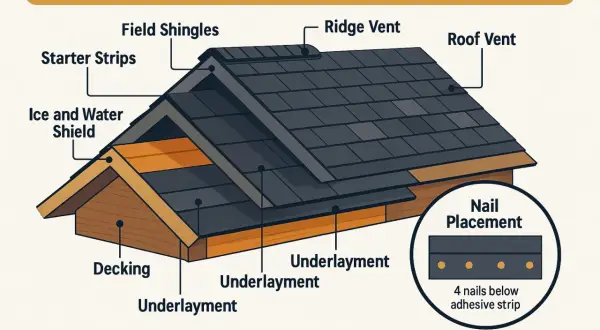 Diagram illustrating asphalt shingles installation, showing starter strips, field shingles, ice and water shield, decking, underlayment, ridge vent, and roof vent.