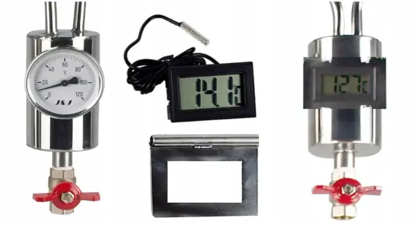 Odstojnik w destylatorze służy do stabilizacji temperatury i kontroli procesu. Widoczne termometry pomagają w monitorowaniu.