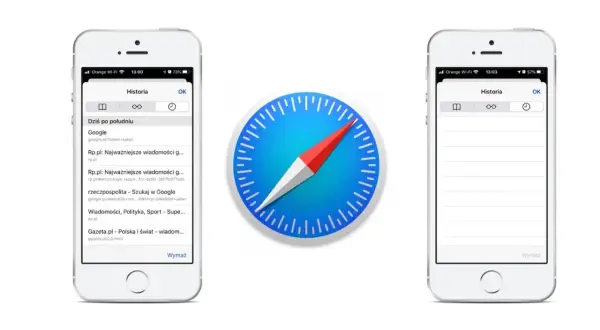 Historia wyszukiwania Safari na iPhonie. Widoczne wpisy z Google, rp.pl i gazeta.pl.