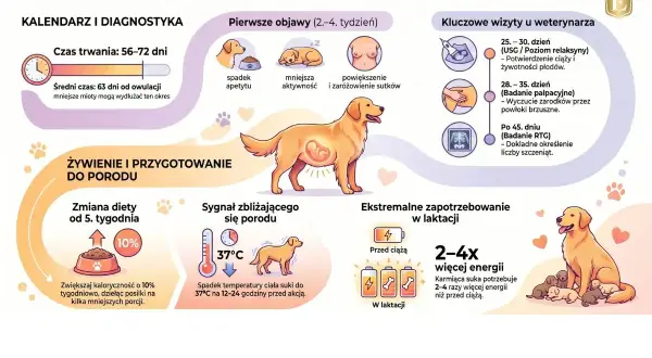 Ilustracja przedstawia ciążę u psa, z objawami, wizytami u weterynarza, zmianami w żywieniu i przygotowaniem do porodu.