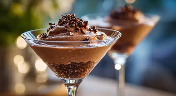 Chokladmousse i martiniglas, perfekt för ett enkelt mousse recept. Garnerad med chokladspån.