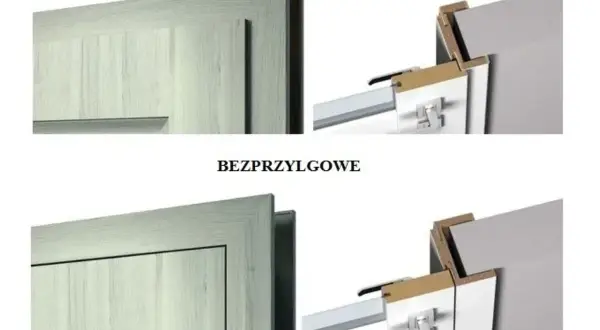 Porównanie rodzajów ościeżnic: przyłgowe i bezprzyłgowe. Widok detali montażowych drzwi.