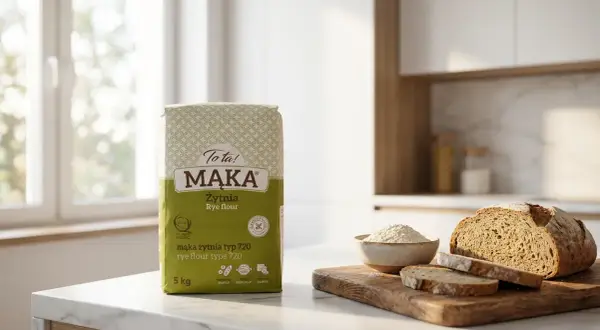 Torba mąki żytniej, bochenek chleba i miseczka z mąką na blacie kuchennym.