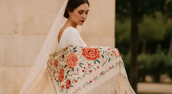 Novia con velo y mantón bordado con flores, mostrando elegantes formas de poner un mantón.