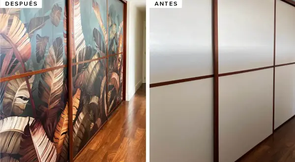 Armario empotrado con un diseño de hojas tropicales vibrantes, transformando un espacio neutro.