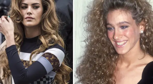 Två kvinnor med voluminöst, våfflat hår. Den ena har en modern look med en designerjacka, den andra en klassisk 80-talsstil.