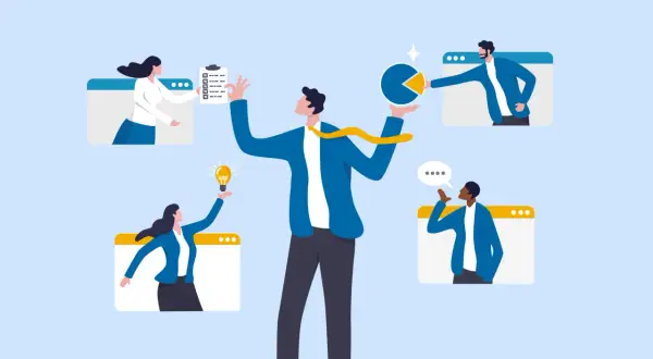 Ilustración sobre outsourcing: qué es y ejemplos. Un equipo colabora en línea, compartiendo ideas, tareas y gráficos.