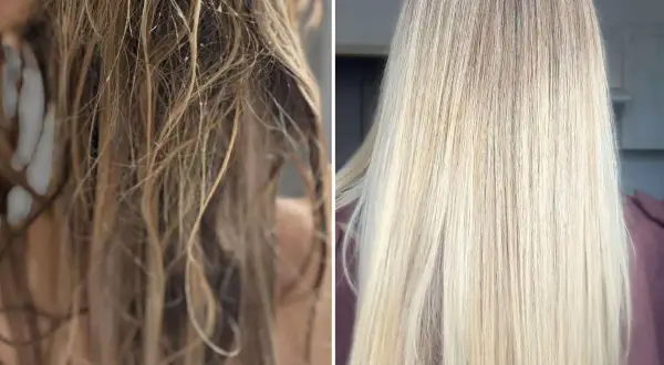 Porównanie włosów: przed i po zastosowaniu Olaplex No. 6.