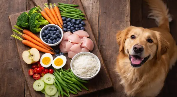 Un perro golden retriever mira con entusiasmo una tabla de madera llena de ingredientes saludables, incluyendo zanahorias, brócoli y judías verdes, mostrando qué verduras pueden comer los perros.