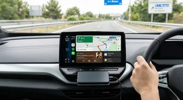 Conduciendo con Google Maps y Spotify en la pantalla, listo para actualizar Android Auto.