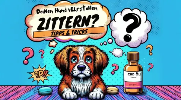 Ein Hund zittert im Ruhezustand? Die Sprechblase fragt "ZITTERN? Tipps & Tricks". Daneben eine Flasche CBD Öl.