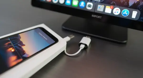 iPhone podłączony kablem do komputera z widocznym ekranem i ikonami aplikacji.