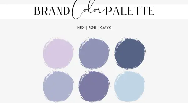Paleta kolorów marki z odcieniami lawendy, błękitu i subtelnym kolorem periwinkle.