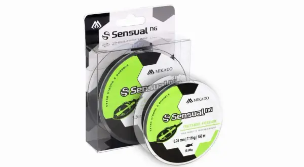 Dwie szpulki żyłki Mikado Sensual NG. Jedna w opakowaniu, druga obok. Średnica 0.24 mm, wytrzymałość 7.11 kg. Idealna żyłka 0.28 do metody feeder.