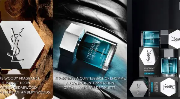 L'Homme Le Parfum: elegancki flakon perfum Yves Saint Laurent, otoczony drewnem i skórą, symbolizujący siłę i wyrafinowanie.