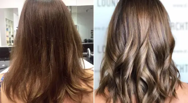 Vorher/Nachher-Vergleich: Glänzendes, welliges Haar mit subtilen Highlights, das die natürliche Schönheit von brunette haaren hervorhebt.