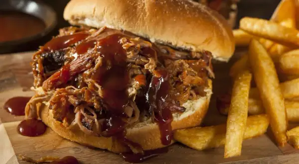 Un succulento panino con pulled pork, ricoperto di salsa barbecue, servito con patatine fritte croccanti.