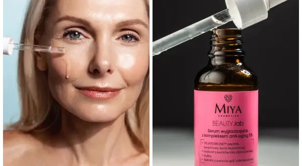 Kobieta aplikuje serum Miya Beauty.lab, które zawiera peptydy i kwas hialuronowy, odpowiadając na pytanie: jakie kwasy na zmarszczki.