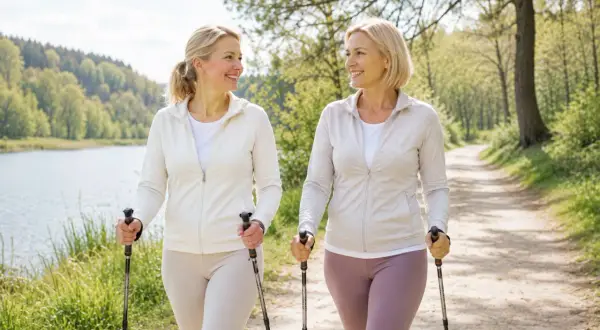 Dwie uśmiechnięte kobiety spacerują z kijkami po leśnej ścieżce. Widać, że nordic walking efekty są widoczne w ich dobrej kondycji i samopoczuciu.