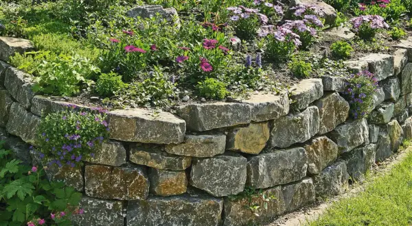 Eine **trockenmauer** sichert den **Hang** mit Natursteinen. Blumen und Grünpflanzen wachsen üppig darauf und daneben.