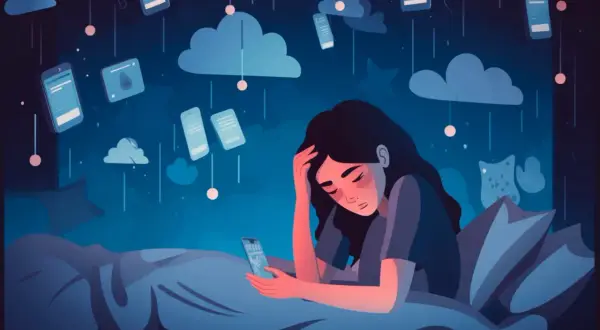 Eine Frau liegt im Bett, umgeben von schwebenden Smartphones. Sie fühlt sich überfordert, ein Zeichen für die FOMO-Bedeutung in der digitalen Welt.
