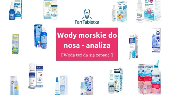 Kolaż opakowań preparatów do nosa: wody morskie i fizjologiczne.