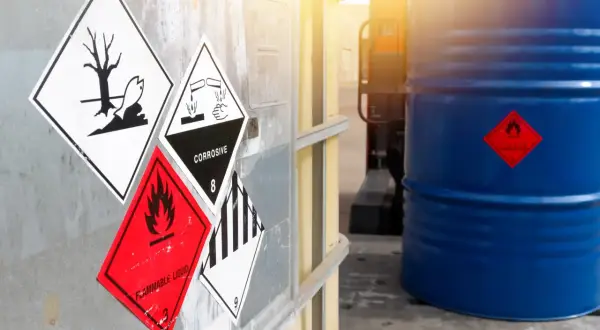 Panneaux de danger : inflammable, corrosif, toxique pour l'environnement. Ces symboles, souvent vus dans le cadre de l'ADR, indiquent les risques liés au transport de matières dangereuses.