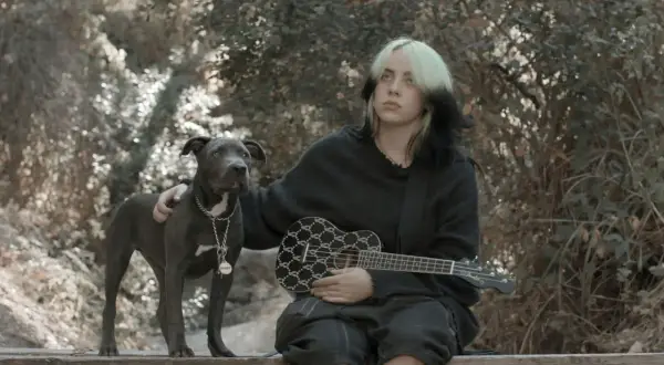 Billie Eilish z pieskiem i ukulele w rękach, siedząca na ławce w otoczeniu natury.