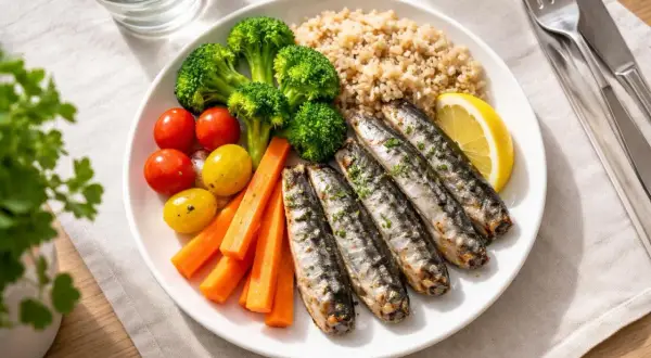 Assiette de sardines grillées avec quinoa, brocolis, tomates et carottes. Combien de sardines par personne ? Cinq.