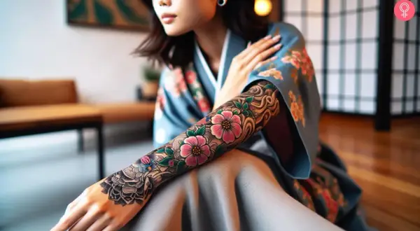 Brazos adornados con un intrincado tatuaje de flores y olas, estilo coreano, sobre un kimono azul.