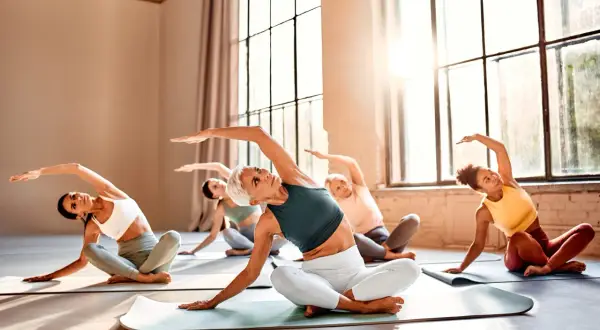 Donne di diverse età praticano yoga in una luminosa sala con grandi finestre. Il **body balance fa dimagrire** e migliora la postura.