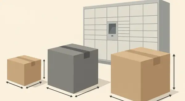 Trzy paczki o różnej wielkości obok automatu paczkowego InPost. Pokazano wymiary paczek, sugerując, jaki gabaryt a InPost jest dostępny.