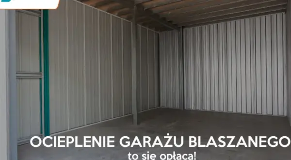 Wnętrze pustego garażu blaszanego z betonową podłogą i metalowymi ścianami.