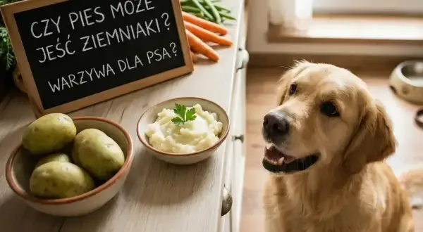 Złoty retriever patrzy na miskę puree ziemniaczanego. Tablica głosi: "Czy pies może jeść ziemniaki? Warzywa dla psa?".