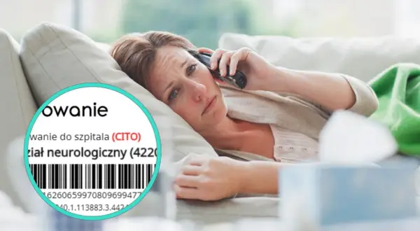 Zmartwiona kobieta dzwoni z telefonu, gdy na ekranie widać skierowanie do szpitala (CITO) na oddział neurologiczny.