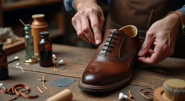 Artisan travaillant sur une chaussure en cuir marron, prêt à teindre le cuir. Des flacons et outils sont disposés sur la table.