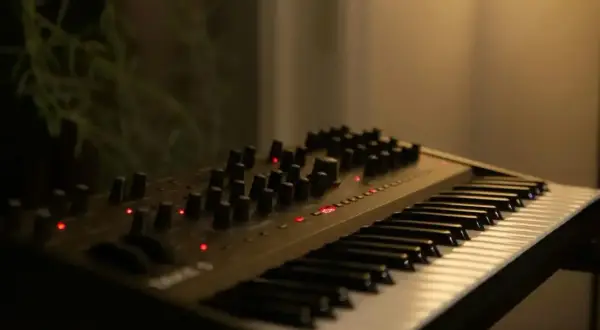 Ciemny, nowoczesny elektroniczny instrument klawiszowy z wieloma pokrętłami i czerwonymi diodami.