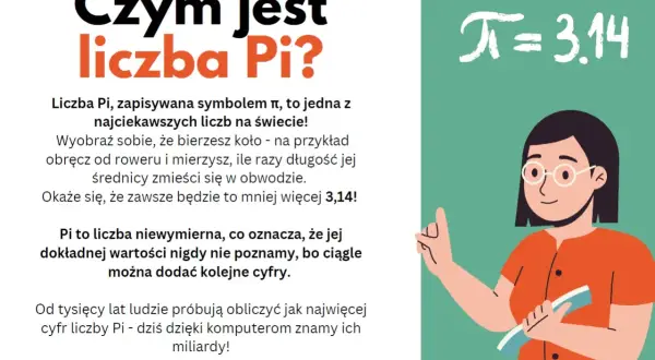 Ilustracja przedstawia kobietę z okularami wskazującą na symbol Pi i jego przybliżoną wartość 3.14.