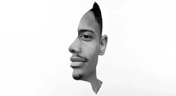 Portrait fusain d'un artiste connu, une illusion d'optique où deux visages se font face.