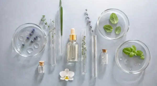 Eksperymenty z naturą: probówki, pipeta z płynem, lawenda, mięta i biała orchidea. Badania nad pha.