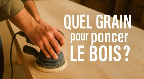 Un artisan utilise une ponceuse orbitale sur une table en bois clair. La question "Quel grain pour poncer le bois ?" est affichée en gros caractères blancs.