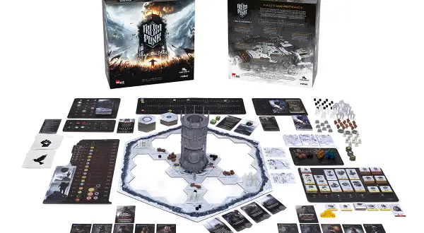 Zestaw do gry planszowej Frostpunk: Miasto musi przetrwać. Widać planszę, wieżę, karty, znaczniki i pudełka.