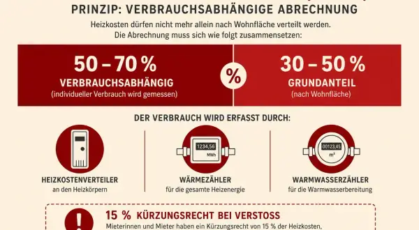 Infografik zur Heizkostenverordnung: Verbrauch wird erfasst durch Heizkostenverteiler, Wärmezähler, Warmwasserzähler. Bei Verstoß 15% Kürzungsrecht. Heizkosten doppelt so hoch wie im Vorjahr? Hier erfahren Sie mehr.