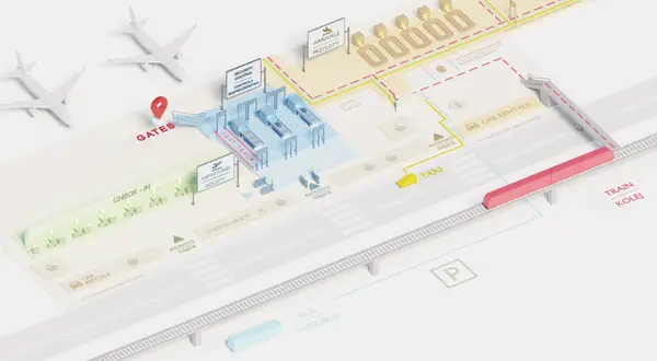 Schemat lotniska w Gdańsku: check-in, kontrola bezpieczeństwa, bramki, przyloty, parking, taxi, kolej i autobus.
