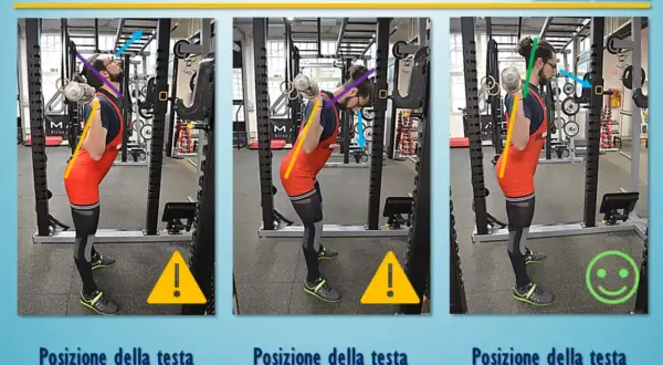 Tre posizioni della testa durante lo squat: in alto (sconsigliata), in basso (sconsigliata) e neutra (consigliata).